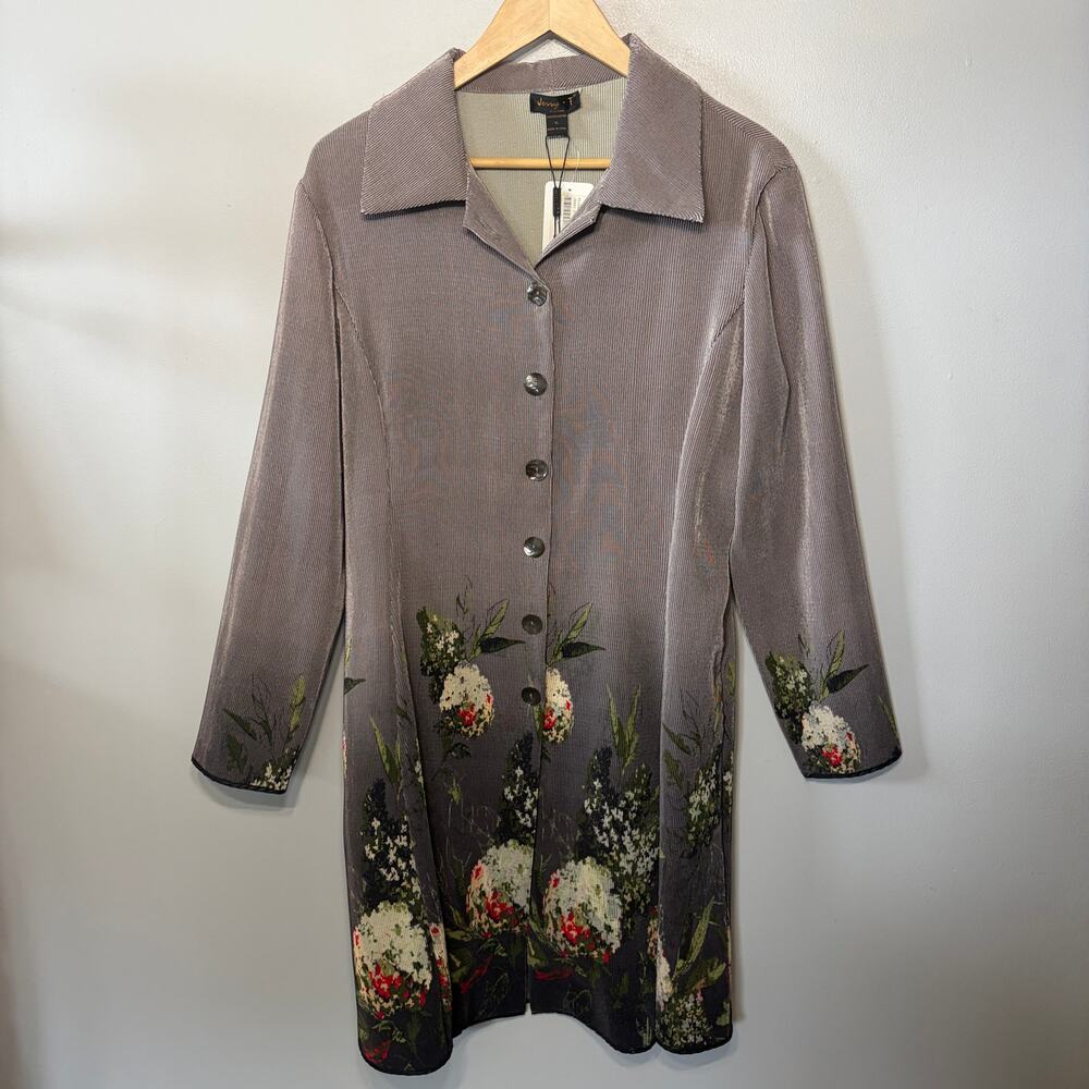 NWT Jerry T Jacket Gray Ribbed Knit Artsy Floral Leaves Button Front Long XL